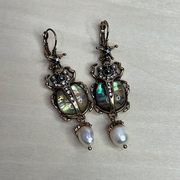 Jewelry - Scarab Beetle Earrings - Abalone Large Statement Jewelry Rhinestone Faux Pearl